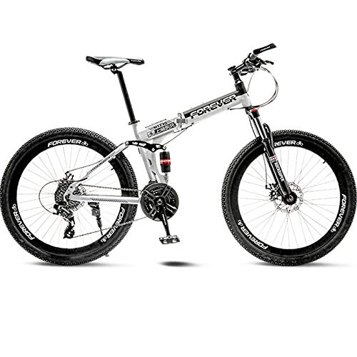 Folding Bike : Folding Bike, 24 / 26 Inch Adult Mountain Bike 27-Speed Bicycle, Dual Suspension Frame Off-Road Bike, High-Carbon Stee MTB, Black White, 24 Inch