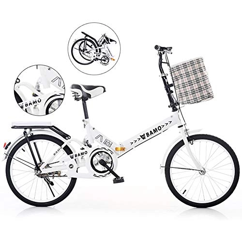 Folding Bike : Folding Bike for Adults Men and Women, 20 Inch City Folding Mini Compact Bike Bicycle Urban Commuter with Back Rack and V Brake, Folded Within 10 Seconds, White