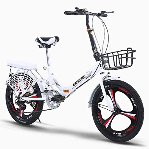 Folding Bike : Folding Bike for Adults with Rear Carry Rack, Bike Basket and Bike Pump, 6 Speed Aluminum Easy Folding City Bicycle 20-inch Wheels Disc Brake (Color : White)