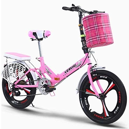 Folding Bike : Folding Bike For Adults Women, Rear Carry Rack, 6 Speed Aluminum Easy Folding City Bicycle 20-inch Wheels Disc Brake (Color : Pink)