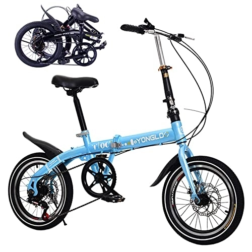 Folding Bike : Folding Bikes for Adults with 6 Riding Speed Carbon Steel Frame Folding Bike - Lightweight Portable Bike for Women and Men - City Bicycle for Work School, Blue, 16inch