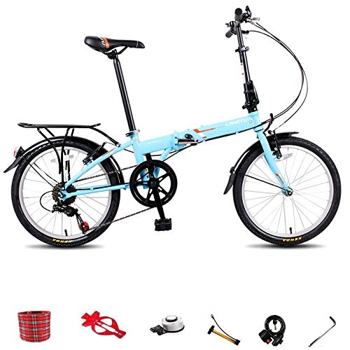 Folding Bike : Folding City Bicycle 20in Unisex Adult Suitable for Height 140-185 cm Foldable Bike Portable Variable Speed 7 Speed Folding Bike, blue