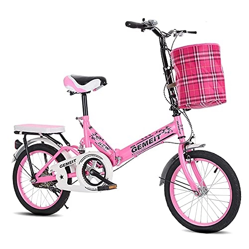 Folding Bike : Folding Kids Bike for Children Teens, 16 / 20 Inch Boy and Girl Portable Outdoor Road Bicycle, Soft Tail Cruiser Bike, Double Brakes and Back Seat, Cloth Basket (Pink 20inch)