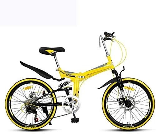 Folding Bike : Folding Mountain Bicycle Bike Adult Lightweight Unisex Men City Bike 22-inch Wheels Aluminium Frame Ladies Shopper Bike With Adjustable Seat 7 speed Disc brake-Yellow