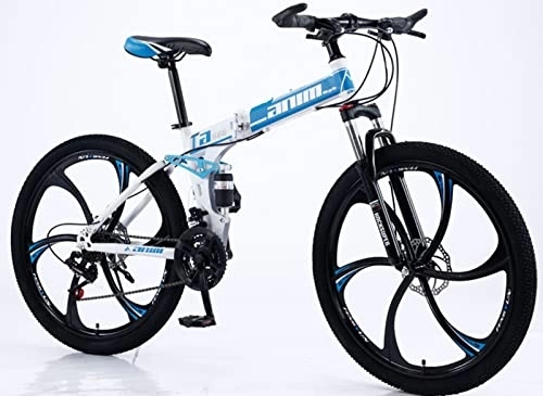 Folding Bike : Folding Mountain Bike, 21 Speed Bicycle Adult Mountain Trail Bike, High-Carbon Steel Frame Dual Full Suspension Dual Disc Brake, for Students and Urban Commuters Blue, 24 inches