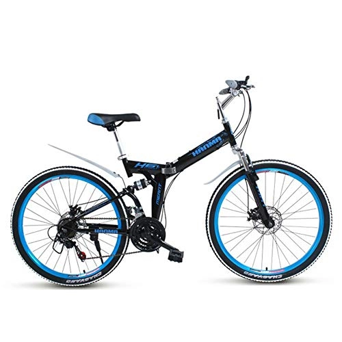 Folding Bike : Folding Mountain Bike, 24" High Carbon Steel Double Suspension Frame 21 Speed Double Shock Absorption Double Disc Brakes Student Men And Women Bicycle Ten Seconds Folding, Blue