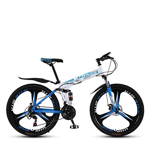 Folding Bike : Folding Mountain Bike 24 Inch Double Damping Off-Road / Variable Speed Mountain Bike Tri-cutter Wheel-White blue_21 speed