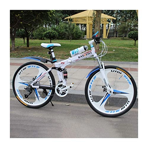 Folding Bike : Folding Mountain Bike 26-Inch Wheel 3 Spoke 21 Speed Double Disc Brake, High Carbon Steel Full Suspension Anti-Slip MTB, White