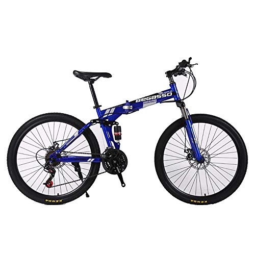 Folding Bike : Folding Mountain Bike, 26In*17In, 24In*17In, 21 Speed Bicycle Full Suspension MTB Bikes, Double Disc Brakes Bike, Carbon Steel Bicycle, Blue, 24 inches