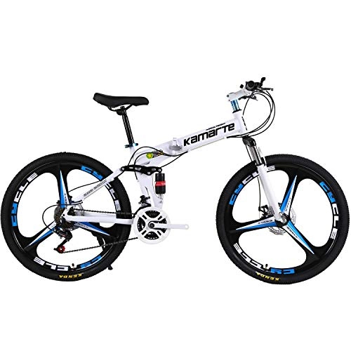 Folding Bike : Folding Mountain Bike, Adult 26 Inch Variable Speed Off-Road MTB Double Suspension Shock Absorption Men's Bicycle Outdoor Riding, White, 24 speed