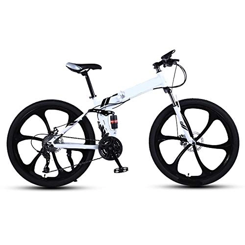 Folding Bike : Folding Mountain Bike Bicycle 24 Inch 26 Inch Adult One Wheel Double Damping 30 Speed Racing Cross Country Variable Speed Bicycle for Male and Female Students 26 Black+white
