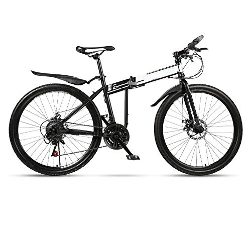 Folding Bike : Folding Mountain Bike, Bicycle Adult One Wheel Double Damping Racing Cross Country Variable Speed Fast Bicycle for Male and Female Students 24 inches Spoke high with hard fork (black and white)