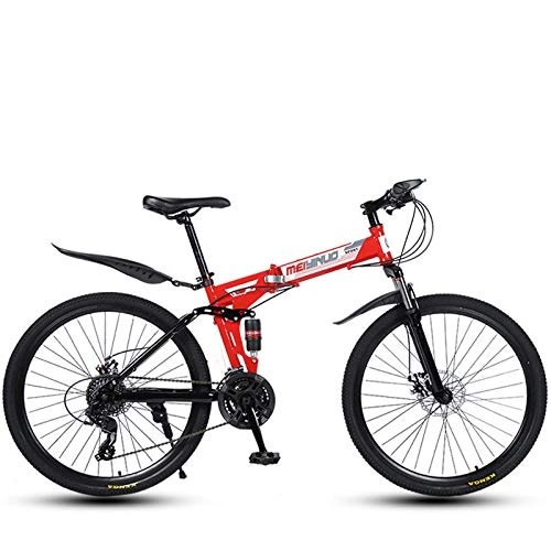 Folding Bike : Folding Mountain Bike Bicycle for Adult Men And Women, High Carbon Steel Dual Suspension Frame, PVC Pedals And Rubber Grips-red_24 speed-26 inches