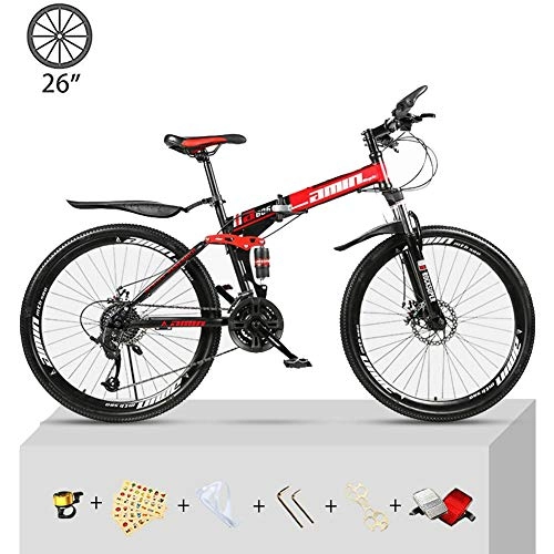 Folding Bike : Folding Mountain Bike Double Damping Off-Road Speed Racing Male And Female Student Bicycle 26-Inch 21-Speed City Bike, Green and Safe Travel, Red