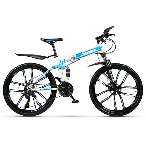 Folding Bike : Folding Mountain Bike, Full Suspension MTB Foldable Frame 26" 10 Spoke Wheels, High Carbon Steel Adult Bike, Disc Brake, Blue, 21 Speed