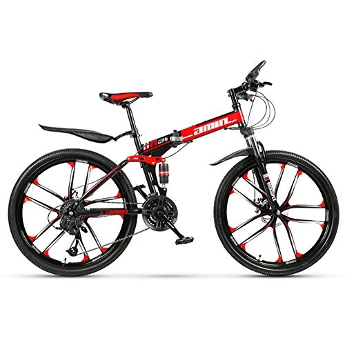 Folding Bike : Folding Mountain Bike, Full Suspension MTB Foldable Frame 26" 10 Spoke Wheels, High Carbon Steel Adult Bike, Disc Brake, Red, 21 Speed
