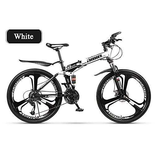 Folding Bike : Folding Mountain Bike, Full Suspension MTB Foldable Frame 26" 10 Spoke Wheels, High Carbon Steel Adult Bike, Disc Brake, White, 30 Speed