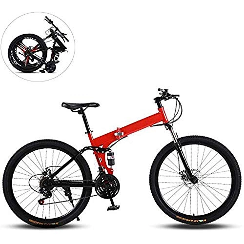Folding Bike : Folding Mountain Bikes, 24 Inch High Carbon Steel Frame, Variable Speed Double Shock Absorption Disc Brake All Terrain Adult Foldable Bicycle, Men Women General Purpose, Red