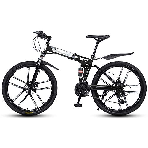 Folding Bike : Folding Mountain Bikes 26 Inch 10 Cutter Wheels Men Women General Purpose All Terrain Adult Quick Foldable Bicycle High Carbon Steel Frame Variable Speed Double Shock Absorption, Black, 24 Speed
