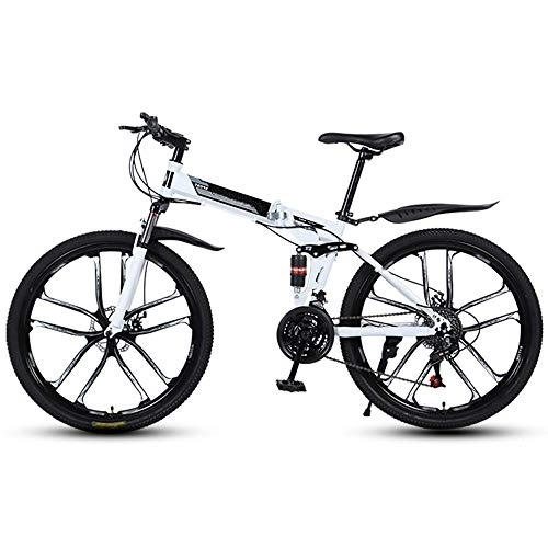 Folding Bike : Folding Mountain Bikes 26 Inch 10 Cutter Wheels Men Women General Purpose All Terrain Adult Quick Foldable Bicycle High Carbon Steel Frame Variable Speed Double Shock Absorption, White, 21 Speed