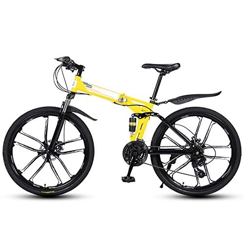 Folding Bike : Folding Mountain Bikes 26 Inch 10 Cutter Wheels Men Women General Purpose All Terrain Adult Quick Foldable Bicycle High Carbon Steel Frame Variable Speed Double Shock Absorption, Yellow, 21 Speed