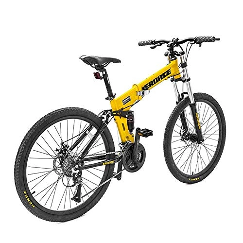 Folding Bike : Folding Mountain Bikes 26 Inch 27 Speed for Adults Men Women, All Terrain Hardtail Mountain Bicycle with Aluminum Alloy Frame & Full Suspension & Dual Disc Brake, Yellow