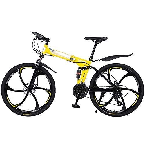 Folding Bike : Folding Mountain Bikes 26 Inch 6 Cutter Wheels Men Women General Purpose All Terrain Adult Quick Foldable Bicycle High Carbon Steel Frame Variable Speed Double Shock Absorption, Yellow, 21 Speed