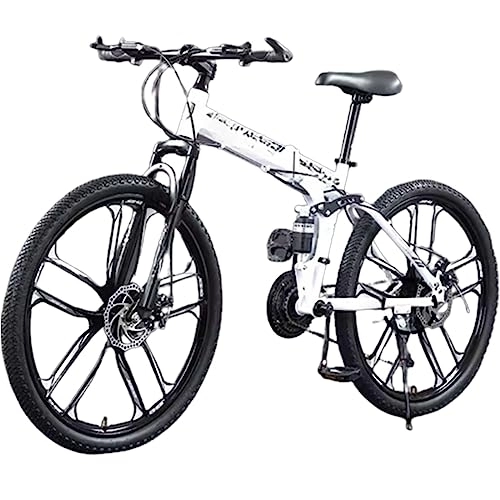Folding Bike : Folding Off-road Mountain Bike, Double Shock-absorbing Bicycle, High Carbon Steel Frame, Suitable for 160~180cm (White 27 speed)