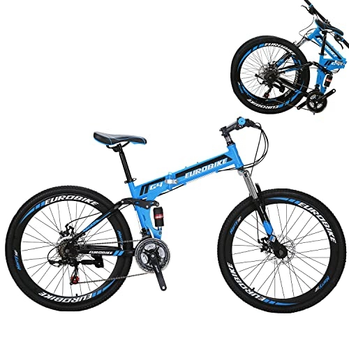 Folding Bike : Full Suspension Mountain Bike 21 Speed Folding Bicycle 26 inch Men or Women for Afult 17inch Frame (Blue)