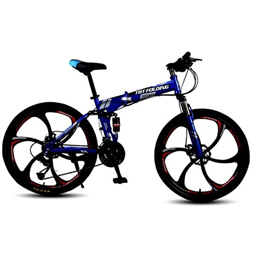Folding Bike : FuLov Folding Bikes for Adults, Adult Mountain Bike, High Carbon Steel Folding Outroad Bicycles, 21 / 24 / 27 Speed Bicycle, Full Suspension MTB Gears Dual Disc Brakes - Blue, 24inch 21speed