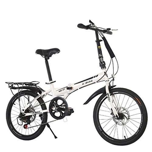 Folding Bike : FyuFE 18 Variable Speed Folding Bicycle, 20 Inch 7 Speed Variable Adult Bicycle Double Disc Brake Soft Tail Carbon Steel Cross Country Outdoor Riding for Adults, White