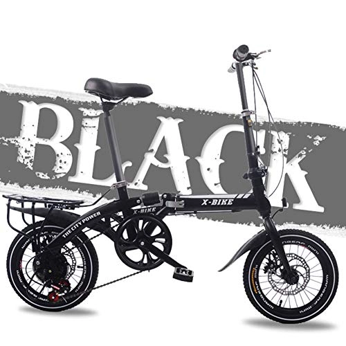 Folding Bike : FYYTRL Lightweight Carbon Steel Folding City Bike, 16 Inch Men and Women Double Disc Brake Shock Absorber Variable Speed Bicycle, Black