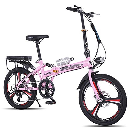 Folding Bike : FYYTRL Lightweight Carbon Steel Folding City Bike, 20 Inch Men and Women Double Disc Brake Shock Absorber Variable Speed Bicycle, Pink