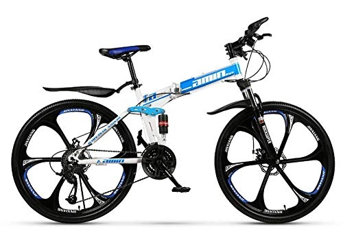 Folding Bike : FZC-YM Adult Mountain Bike, Folding High Carbon Steel Outroad Bicycles, 26'' 21-30Speed Bicycle Full Suspension MTB Gears Dual Disc Brakes Mountain Bicycle B 30 speed