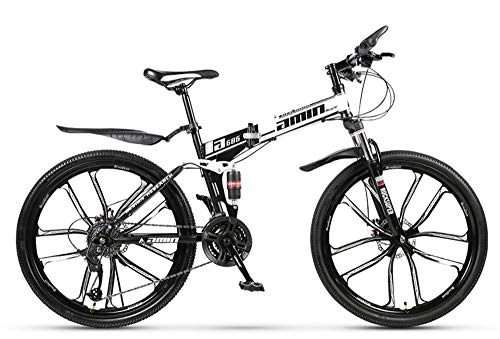 Folding Bike : FZC-YM Adult Mountain Bike, Folding Mountain Trail Bike High Carbon Steel Outroad Bicycles, 26'' 21 / 24 / 27 / 30Speed Bicycle Full Suspension MTB Gears Dual Disc Brakes Mountain Bicycle B 27 speed
