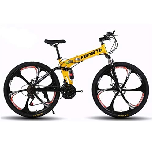 Folding Bike : Gaoyanhang Folding bicycle, 24 / 26 inch 21 / 24 / 27 speed damping dual disc brakes, carbon steel men and women sports bike mountain bike (Color : Yellow, Size : 26 inch 24 s)