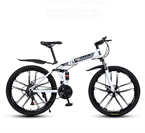 Folding Bike : GASLIKE Folding Mountain Bicycle Bike for Adults, PVC Pedals And Rubber Grips, High Carbon Steel Frame, Spring Suspension Fork, Double Disc Brake, White, 26 inch 24 speed