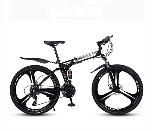Folding Bike : GASLIKE Mountain Bike for Adults, Folding Bicycle High Carbon Steel Frame, Full Suspension MTB Bikes, Double Disc Brake, PVC Pedals, Black, 26 inch 21 speed