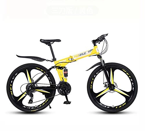 Folding Bike : GASLIKE Mountain Bike for Adults, Folding Bicycle High Carbon Steel Frame, Full Suspension MTB Bikes, Double Disc Brake, PVC Pedals, Yellow, 26 inch 21 speed