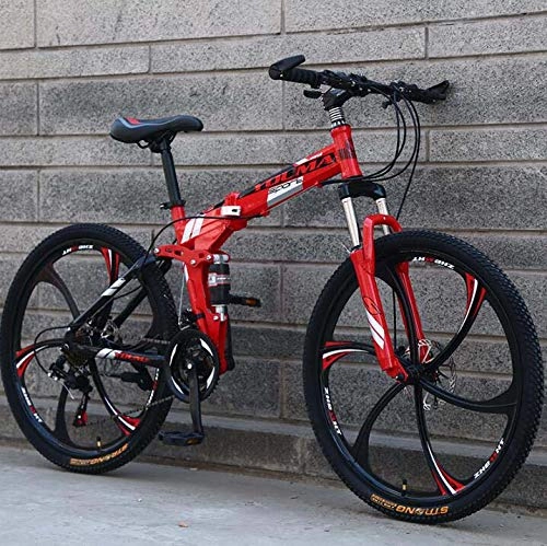 Folding Bike : GASLIKE Mountain Bike for Women And Men, High Carbon Steel Frame, 26 Inch Wheels, Dual Suspension Folding Bicycle, Steel Disc Brake, red, 24 speed
