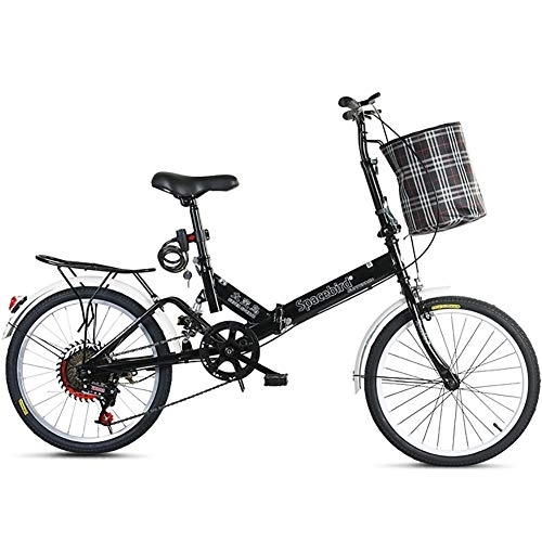 Folding Bike : GDZFY 7 Speed Suspension City Foldable Bike, With Rear Rack & Storage Basket, Portable Folding Bike Commuter Black 20in