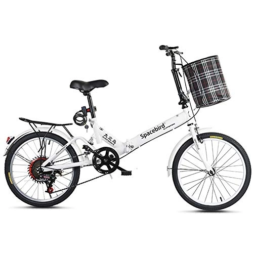 Folding Bike : GDZFY 7 Speed Suspension City Foldable Bike, With Rear Rack & Storage Basket, Portable Folding Bike Commuter White 20in