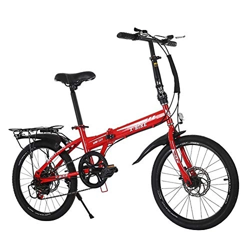 Folding Bike : GDZFY Loop Adult Folding Bike 20in, Carbon Fiber Frame, Folding City Bicycle, 7 Speed Dual Disc Brake Red 20in