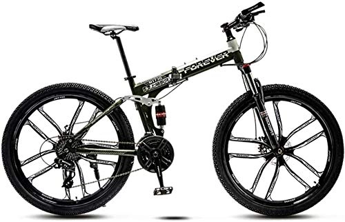 Folding Bike : giyiohok 24 Inch Folding Bike Off-Road Mountain Bike 6-Spoke / 10-Spoke Wheels Dual Suspension Bicycle High Carbon Steel Frame Double Disc Brake-Army Green_21 speed
