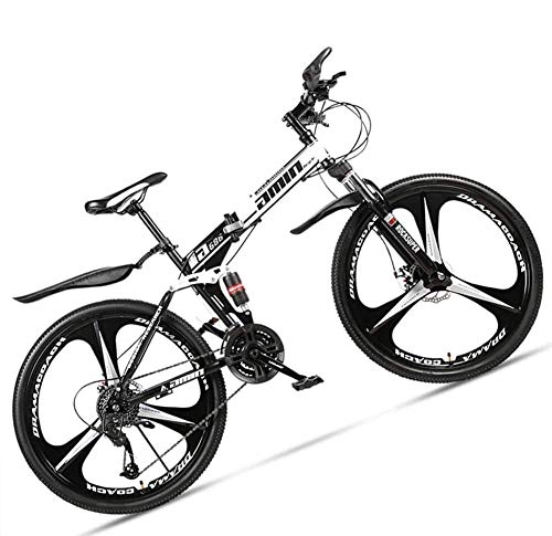 Folding Bike : giyiohok 24 Inch Mountain Bike for Adult Men Women All Terrain Off-Road Foldable Mountain Bicycle with Dual Suspension & Disc Brake Adjustable Seat&HighCarbon-21Speed_3 Spoke Black White