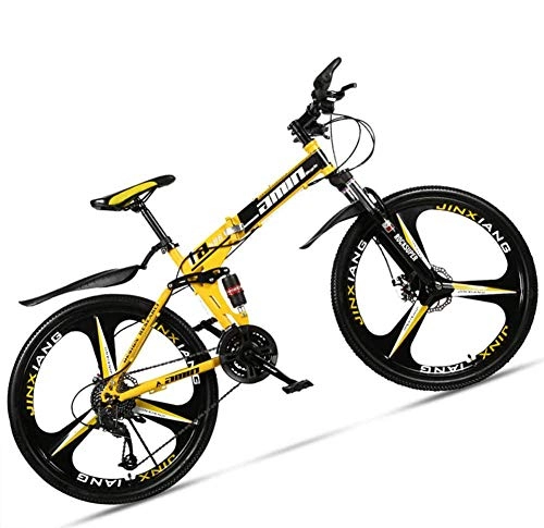 Folding Bike : giyiohok 24 Inch Mountain Bike for Adult Men Women All Terrain Off-Road Foldable Mountain Bicycle with Dual Suspension & Disc Brake Adjustable Seat&HighCarbon-21Speed_3 Spoke Black Yellow