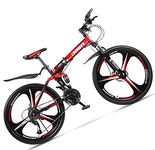 Folding Bike : giyiohok 24 Inch Mountain Bike for Adult Men Women All Terrain Off-Road Foldable Mountain Bicycle with Dual Suspension & Disc Brake Adjustable Seat&HighCarbon-24 Speed_3 Spoke Black Red