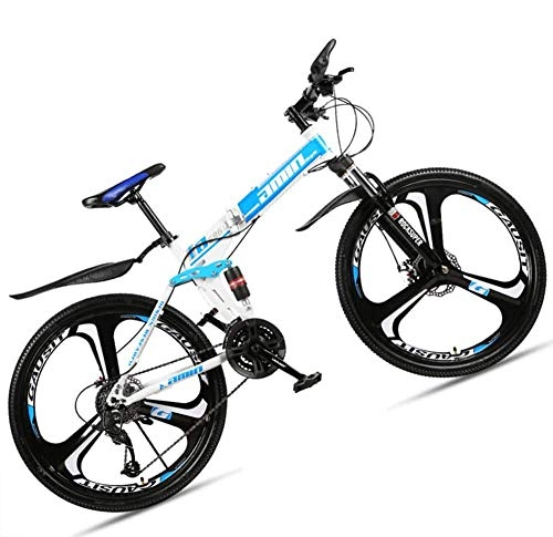 Folding Bike : giyiohok 24 Inch Mountain Bike for Adult Men Women All Terrain Off-Road Foldable Mountain Bicycle with Dual Suspension & Disc Brake Adjustable Seat&HighCarbon-24 Speed_3 Spoke White Blue