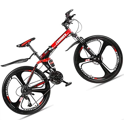 Folding Bike : giyiohok 24 Inch Mountain Bike for Adult Men Women All Terrain Off-Road Foldable Mountain Bicycle with Dual Suspension & Disc Brake Adjustable Seat&HighCarbon-27 Speed_3 Spoke Black Red