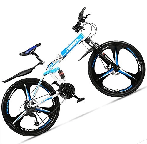 Folding Bike : giyiohok 24 Inch Mountain Bike for Adult Men Women All Terrain Off-Road Foldable Mountain Bicycle with Dual Suspension & Disc Brake Adjustable Seat&HighCarbon-30 Speed_3 Spoke White Blue